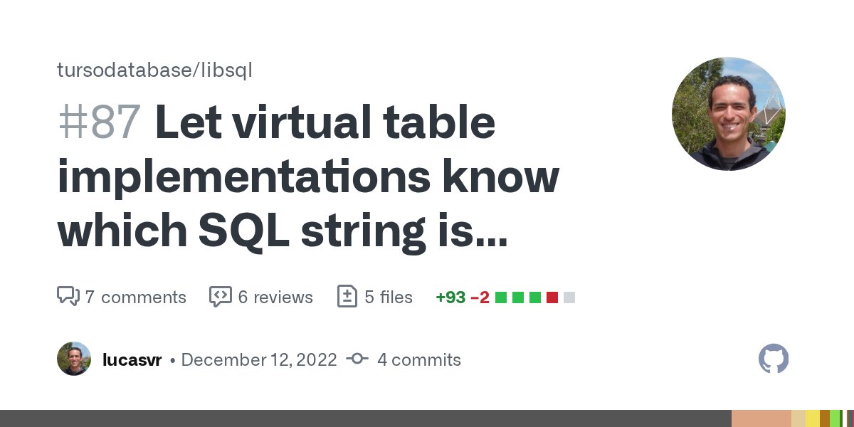 libsqlhq's tweet card. SQLite provides an interface to expose different data sources (such as files or other database systems) as virtual tables. There are several callbacks one must implement to enable e.g., connection ...