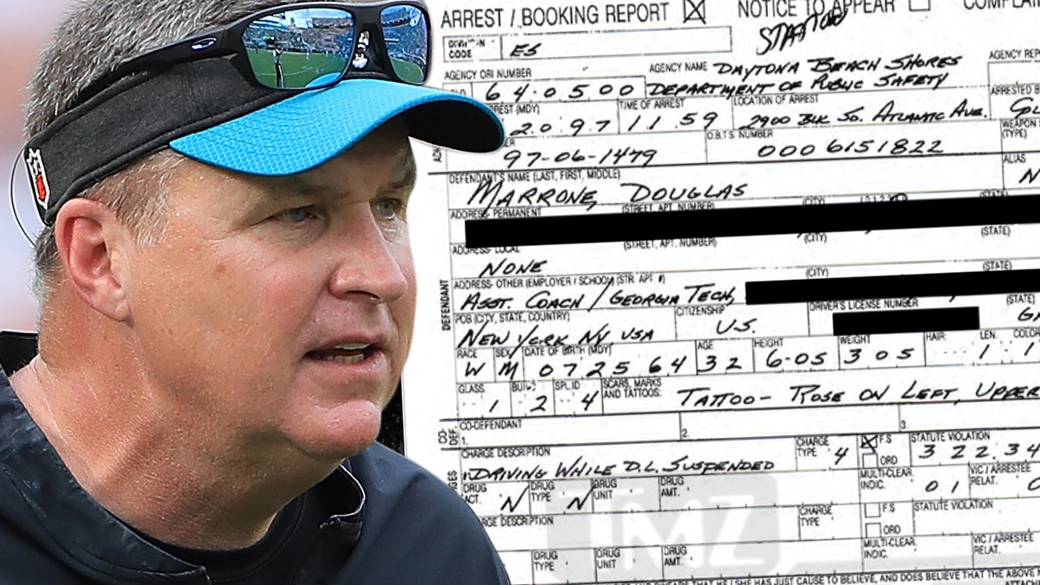 TMZ's tweet card. The Jacksonville head coach got busted just like Leonard Fournette back in 1997.