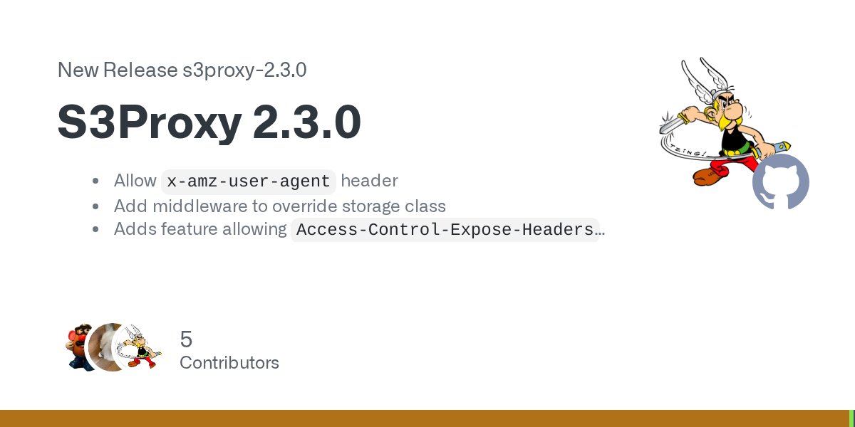 S3Proxy's tweet card. Allow x-amz-user-agent header Add middleware to override storage class Adds feature allowing Access-Control-Expose-Headers configuration Configure maximum-timeskew with environment variable Fix tim...