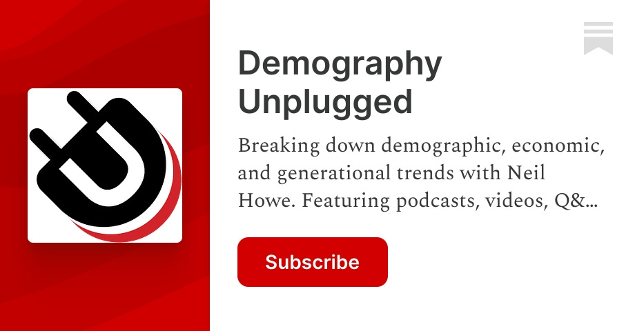 HoweGeneration's tweet card. Breaking down demographic, economic, and generational trends with Neil Howe. Featuring podcasts, videos, Q&A sessions, and more. Click to read Demography Unplugged, a Substack publication with tens...
