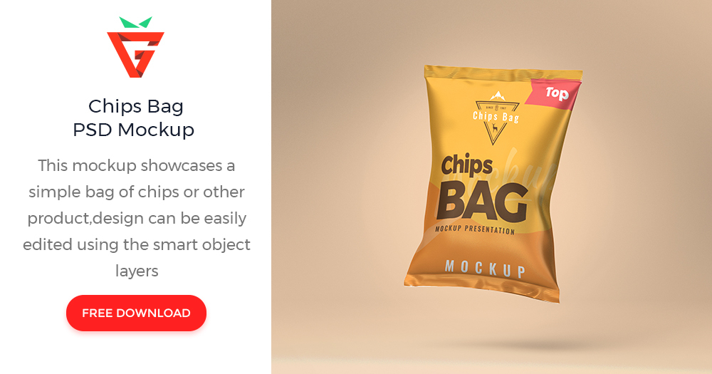 GraphBerry's tweet card. This mockup showcase a simple bag of chips or other product, design can be easily edited using the smart object layers to include your packaging, logo and label designs. The well-organized layers...