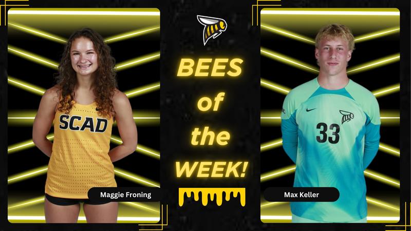 SCAD_SavSports's tweet card. SCAD women's cross country runner Maggie Froning and men's soccer player Max Keller have been named Bees of the Week for the week ending September 15th.