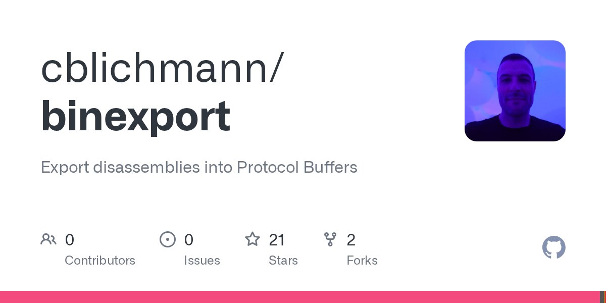 AdmVonSchneider's tweet card. Export disassemblies into Protocol Buffers. Contribute to cblichmann/binexport development by creating an account on GitHub.