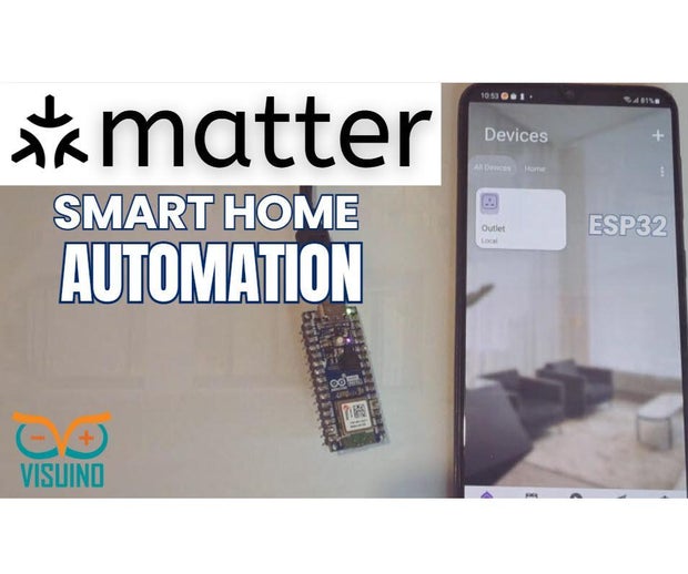 bmitov's tweet card. Control LED Via Phone App – Arduino ESP32 Home Automation Using Matter Protocol: In this easy Visuino tutorial, you’ll learn how to use the Matter protocol to control an LED on your Arduino Nano...