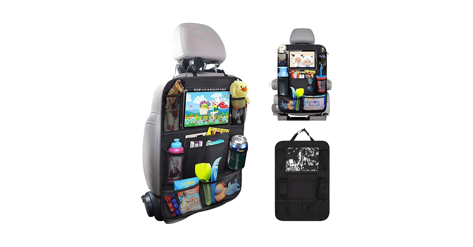 Fire528096's tweet card. カーオーガナイザーバックシート9つの収納ポケットと10インチのタブレットホルダー付き、シートバックカバー1パック、キックマットプロテクター、車を整理して整理、旅行アクセサリーに。