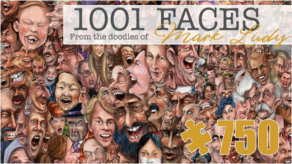 RethinkingMath's tweet card. 750 Piece Puzzle sized at 20x27". Everywhere there are faces ...even when looking upside down! A puzzle to get lost in and smile over.