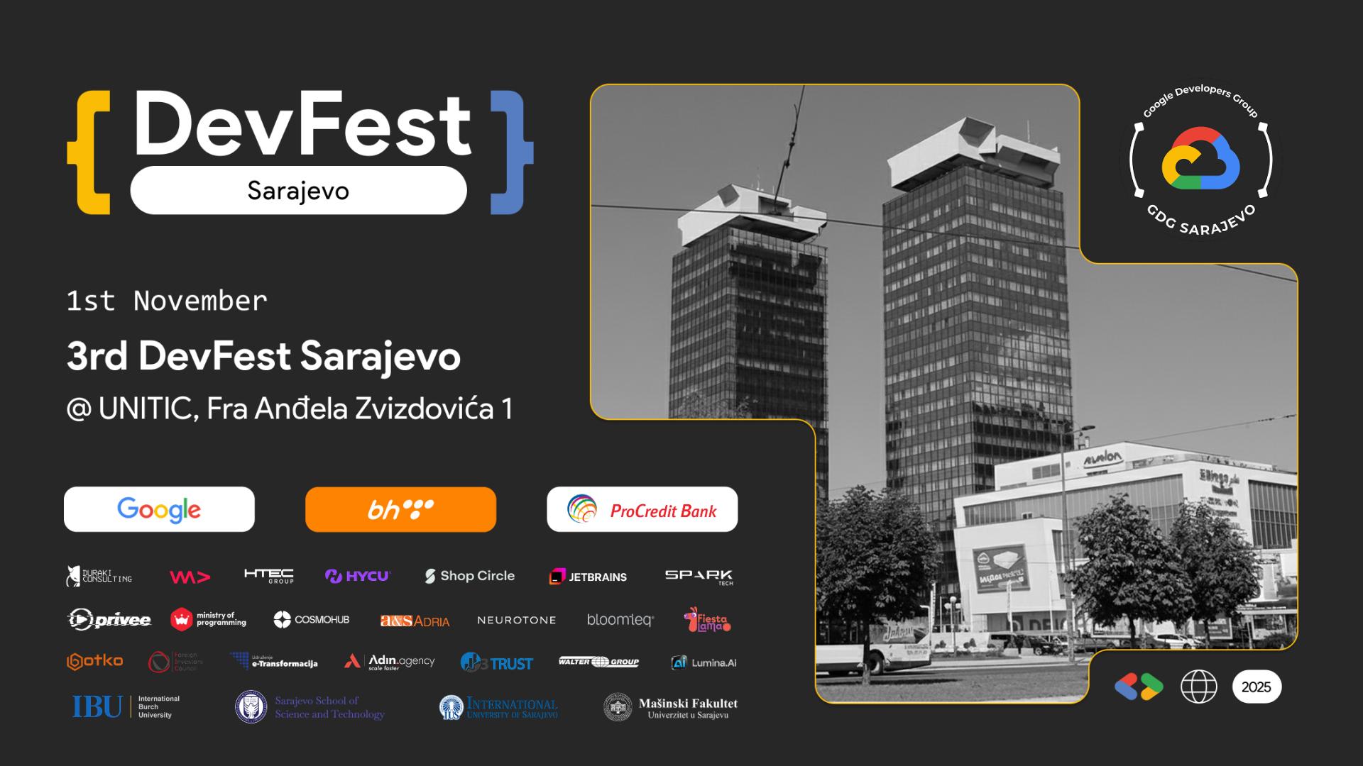 fooctrl's tweet card. 3rd Google DevFest Sarajevo 2025 🚀✨ at United Investment and Trading Company, Sarajevo