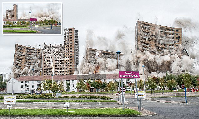 DemmasterD's tweet card. Around 180 kilos of explosives were used to bring down the three old apartment blocks at Tarfside Oval in Cardonald, Glasgow, as part of a controlled demolition today.