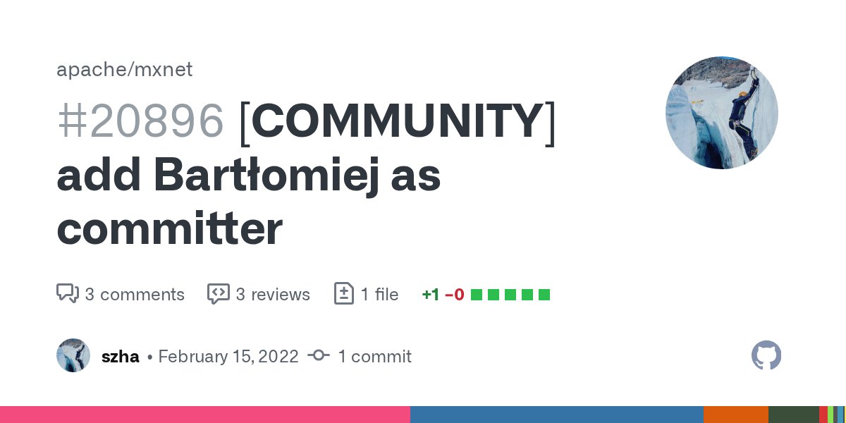 ApacheMXNet's tweet card. Signed-off-by: Sheng Zha zhasheng@amazon.com Description add Bartłomiej as committer Checklist Essentials PR's title starts with a category (e.g. [BUGFIX], [MODEL], [TUTORIAL], [FEATURE],...