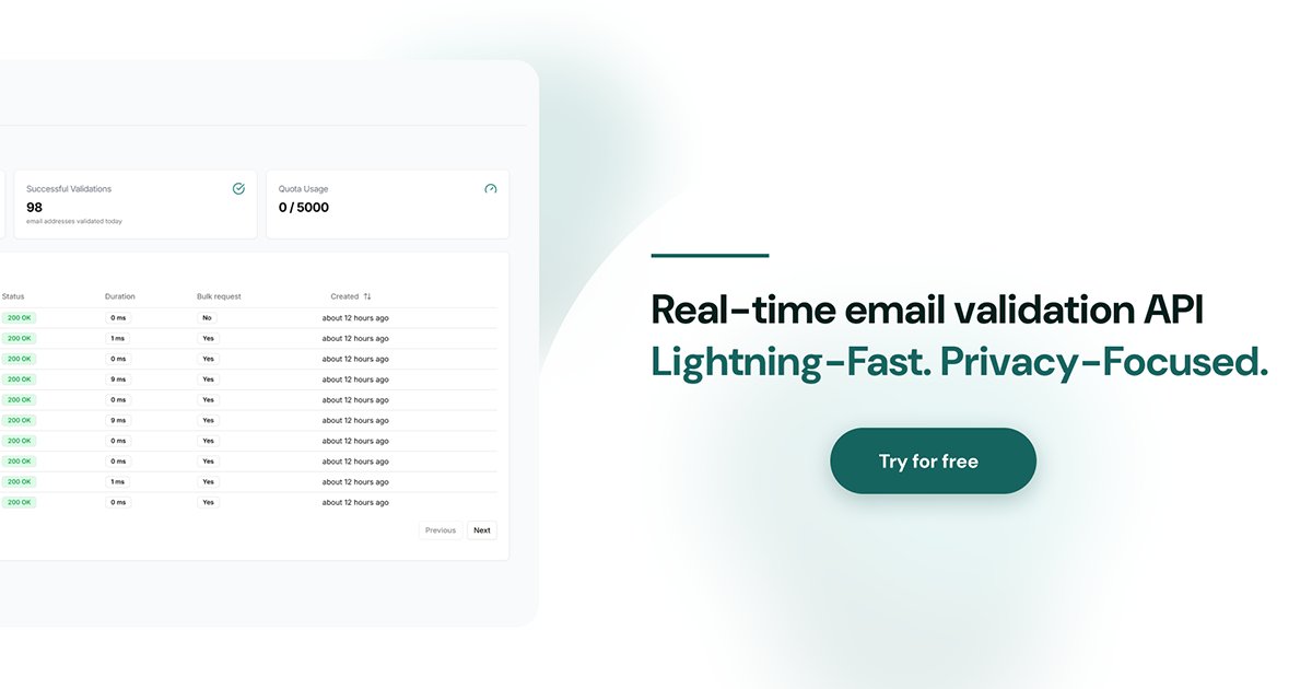 NoParamAPI's tweet card. Real-time email validation API for instant email verification. Reduce bounces, prevent spam, and use our free email checker for bulk email validation.