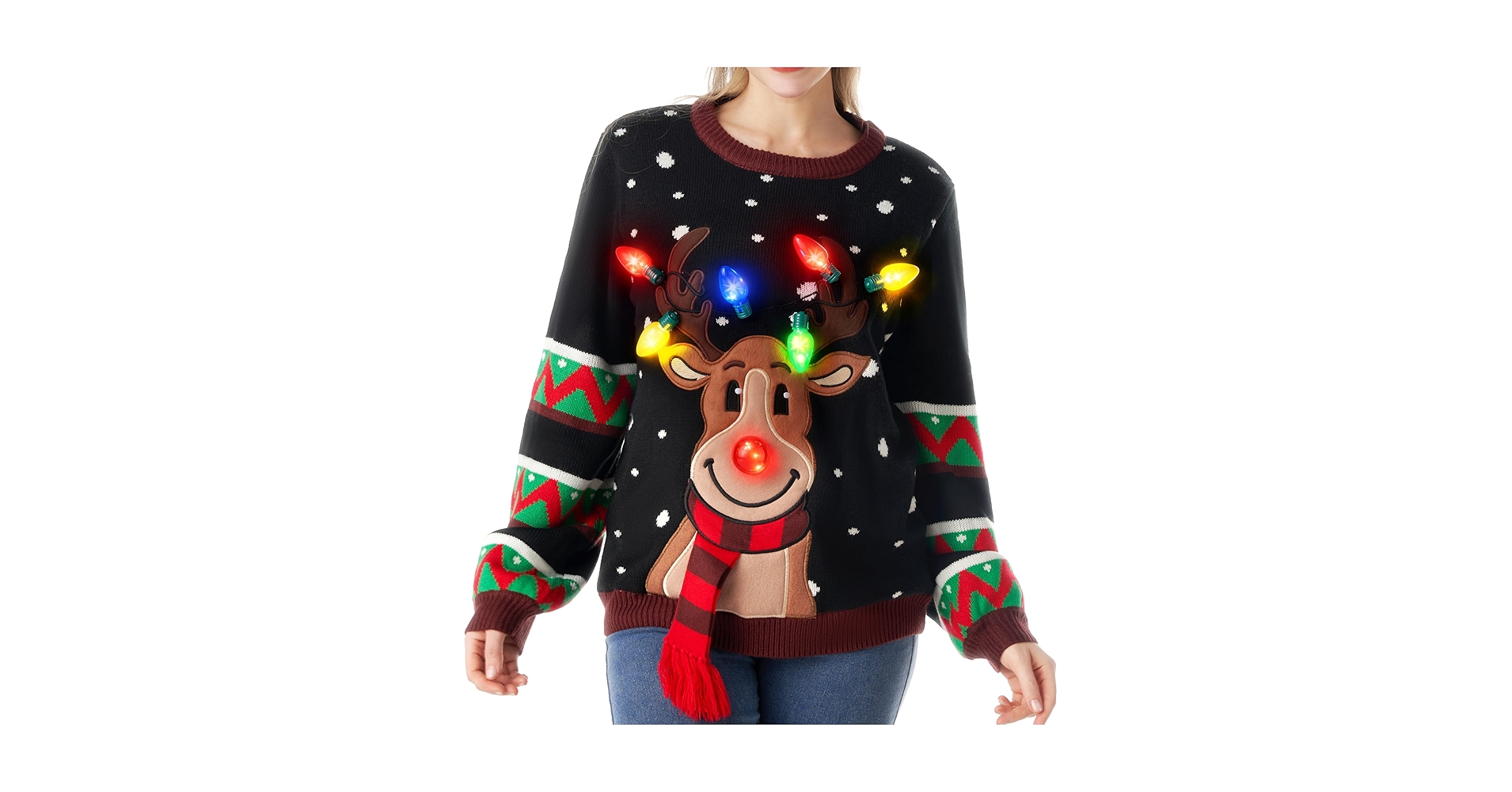 Amazon_Deals420's tweet card. Paquete con gran relación de calidad y precio. Nuestros divertidos suéteres de reno con árbol de Navidad cuentan con 6 modos de luz diferentes para darle vida y ambiente a tu fiesta de invierno.