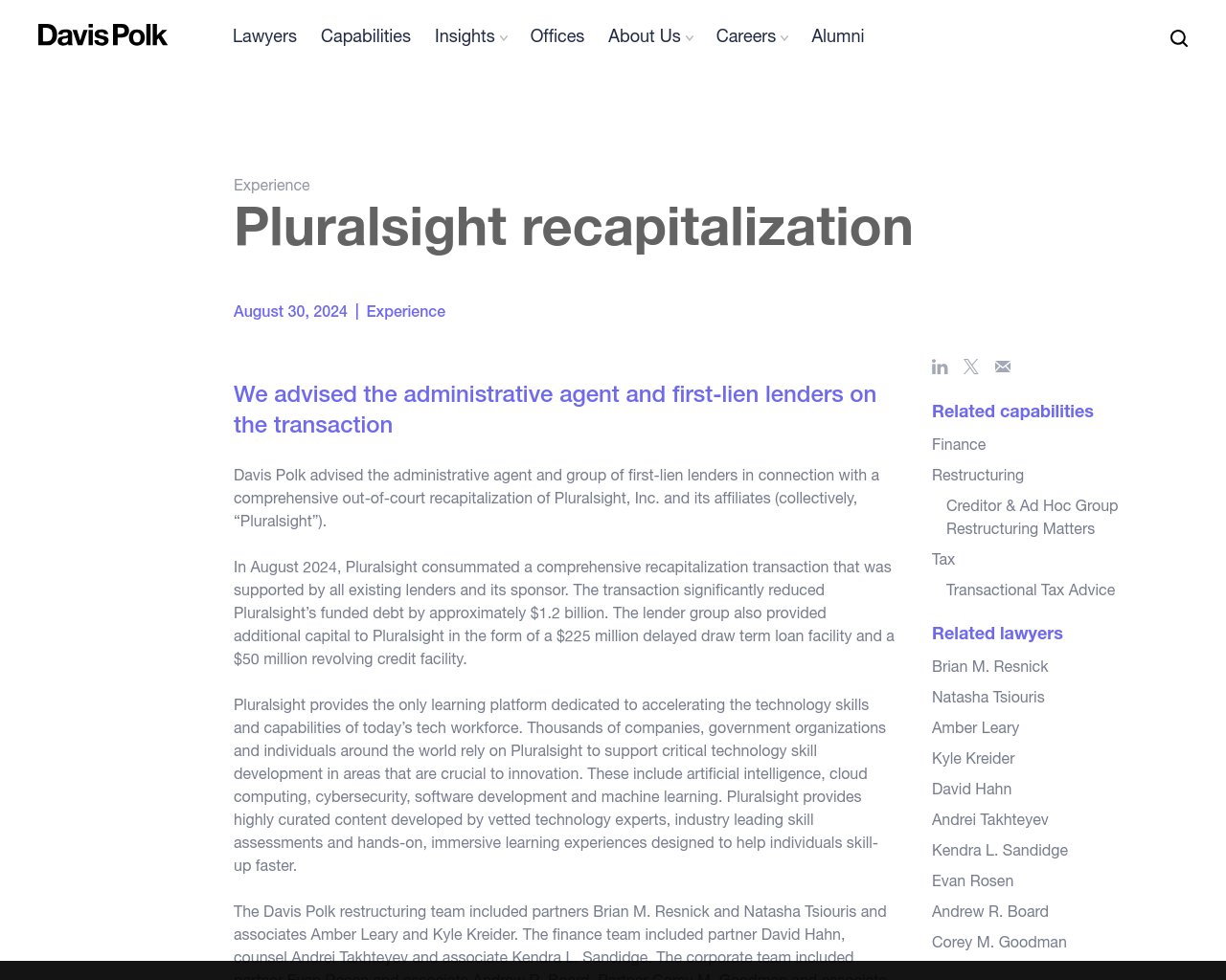 managetech_inc's tweet card. Pluralsight, Inc.とその提携会社による包括的な法外再資本化について、Davis Polkは管理