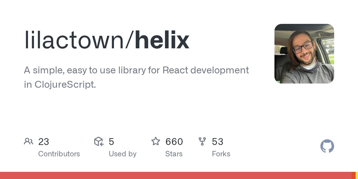 oss_clj's tweet card. A simple, easy to use library for React development in ClojureScript. - lilactown/helix