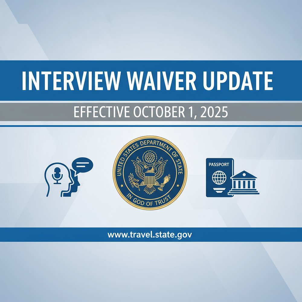 TheVisaCode's tweet card. The U.S. Department of State will implement an updated policy on October 1, 2025, regarding eligibility for a waiver of the nonimmigrant visa interview. This new policy update released on September...