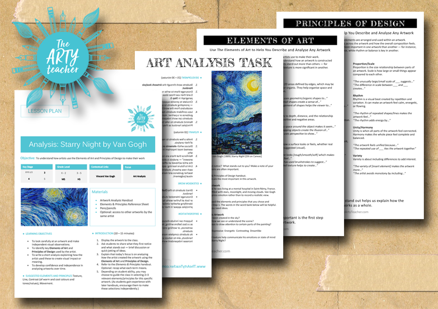ArtyTeacher's tweet card. Art Analysis Lesson – Starry Night by Vincent Van Gogh. Elements of Art & Principles of Design. Includes prompts, word bank, & challenge.