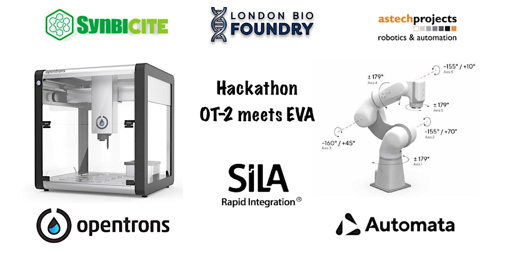 DNAFoundry's tweet card. Hackathon integrating workflows for Opentrons liquid handling robots and Automata robotic arms in the open source SiLA framework.