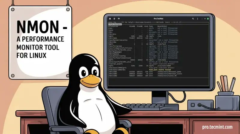 tecmint's tweet card. In this article, learn how to install and use Nmon to monitor Linux system performance, including CPU, memory, disk, network, top processes, and more.