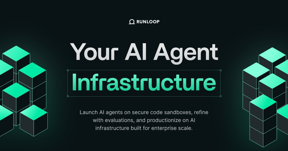 RunloopAI's tweet card. Launch AI agents on secure code sandboxes, refine with evaluations, and productionize on AI infrastructure built for enterprise scale.