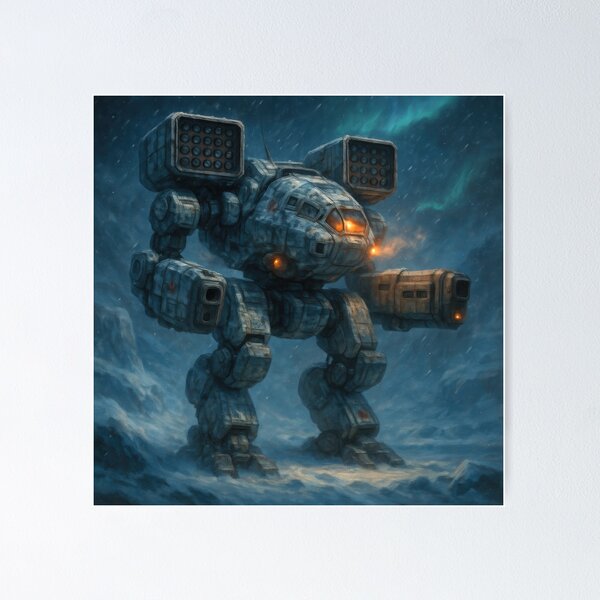 FLSQLGeek's tweet card. A Timber Wolf (Mad Cat) in winter camouflage patrols a frozen plain under aurora-lit skies. Blowing snow scours the armor as twin LRM pods and a right-arm autocannon loom through the squall. Oil-ph...