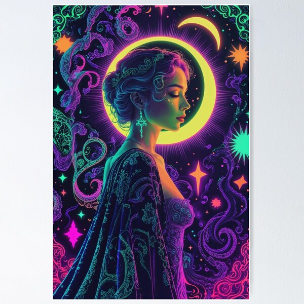 FLSQLGeek's tweet card. Psychedelic celestial portrait in anime semi-realism. A serene woman in profile stands before a radiant crescent halo, wrapped in an ornate, filigreed cloak. Neon cyan, magenta, and acid-yellow glow...