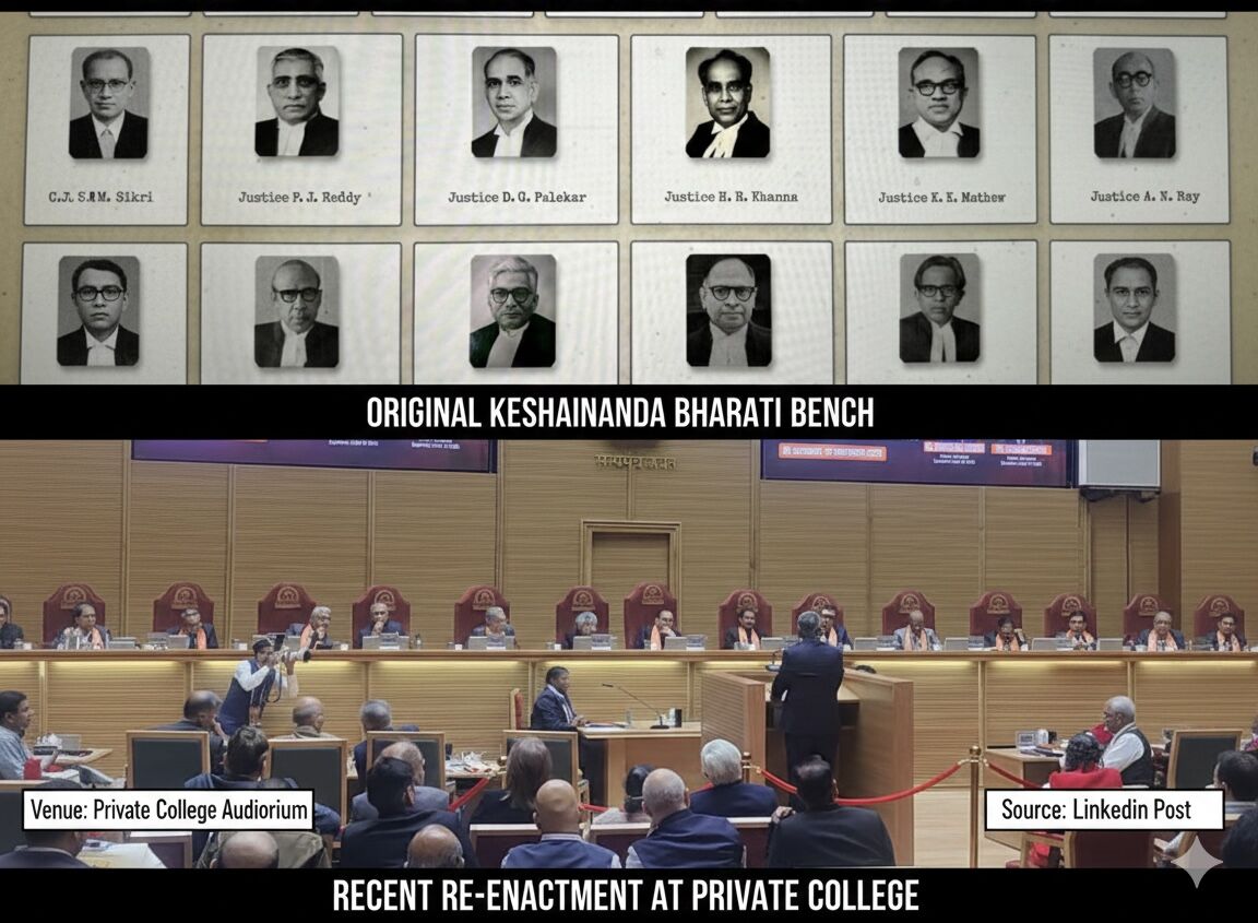 Adv_Praveen_H's tweet card. Re-enacting Kesavananda Bharati: Great Optics, But Where’s the Substance? 13 sitting Supreme Court judges, top law officers of Govt of India, and senior advocates came together to recreate the...