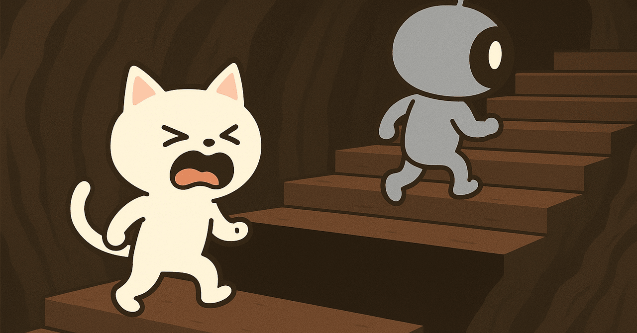 tensyokuneko's tweet card. このシリーズは、現場で毎日起きている混乱の“構造”を読み解き、再設計するための実践記録です。 ※構造読解30本シリーズ｜第２部：痛点の構造｜第9章できない人”が詰まるポイント：能力ではなく認知のズレ ※ChatGPTでイラストギャラリー 洞窟の階段を上る転職猫とAI。なぜか猫のとこだけ段がごっそり無くなってている。猫「いやムリだろ…」と絶望。 AIだけ普通に上へ進んでいく。ちょ！待てよ！ ■...