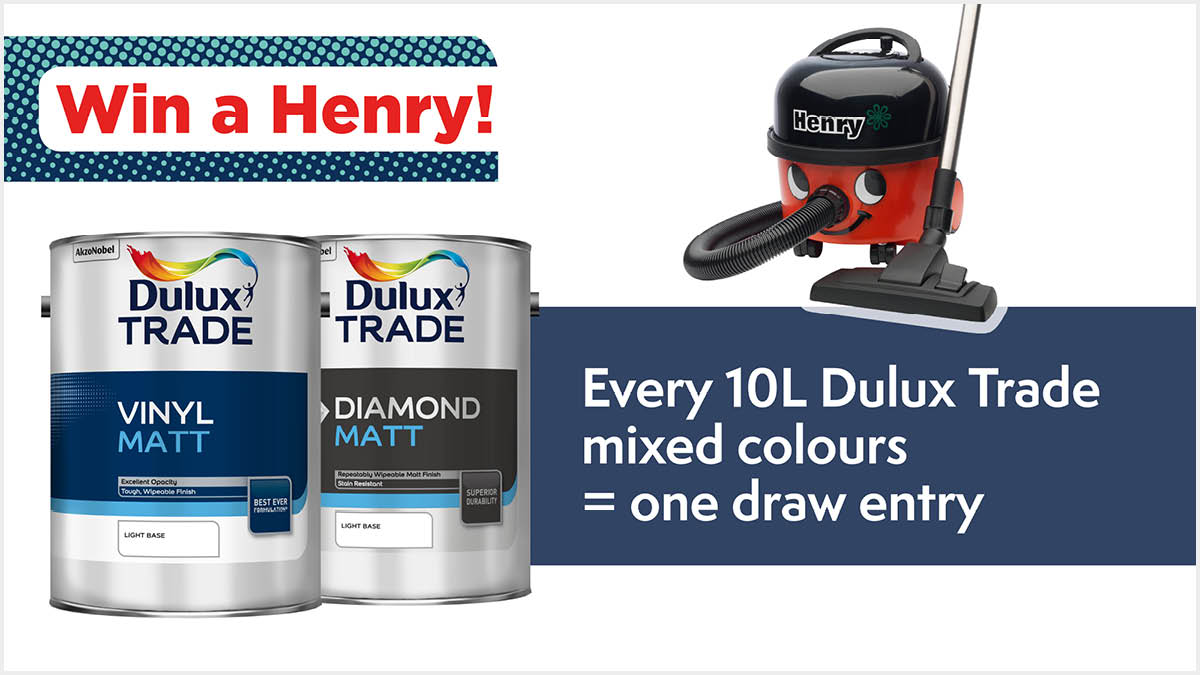 DesignerCol's tweet card. This month we're giving away two Henry vacuum cleaners! All you need to do to enter the draw is buy 10L of Dulux Trade mixed colours, and you can enter as many times as you like!