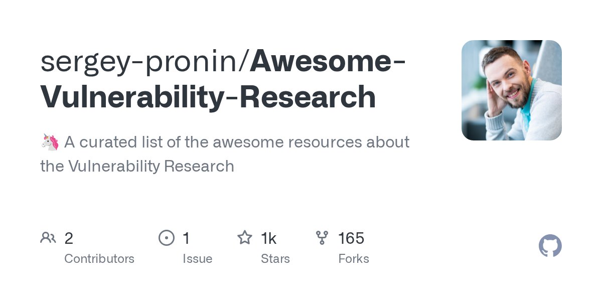 0xharshleen's tweet card. 🦄 A curated list of the awesome resources about the Vulnerability Research - sergey-pronin/Awesome-Vulnerability-Research