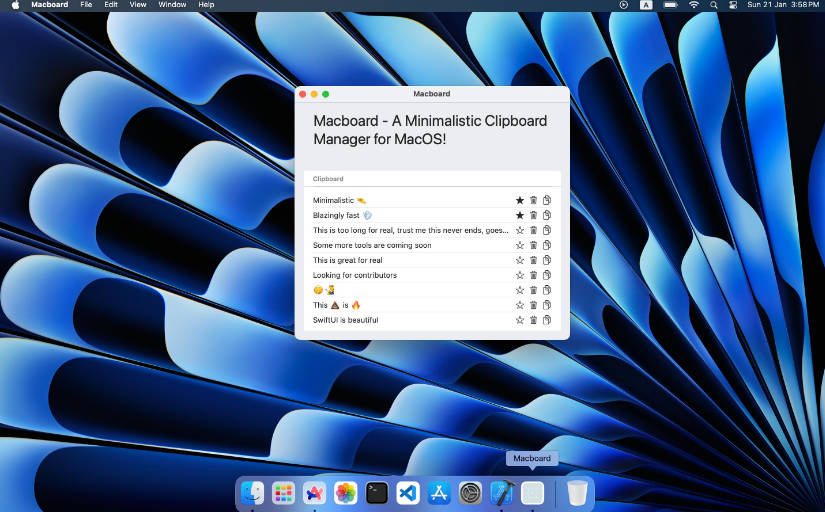 iosexample's tweet card. Macboard" is a minimalistic, fast, and clean clipboard manager designed for MacOS.