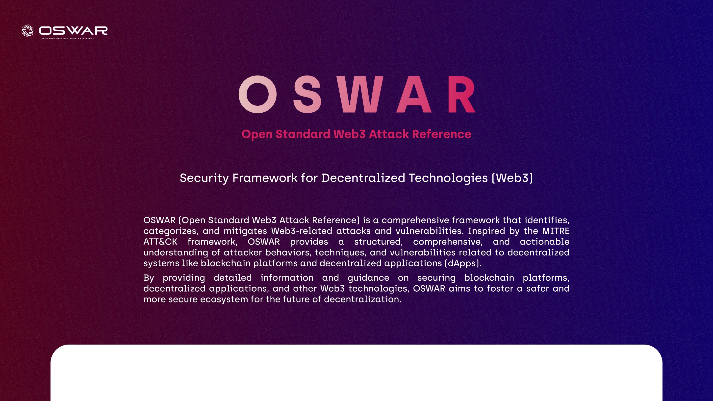 bytes032's tweet card. OSWAR is an open standard reference guide for identifying and defending against web3 attacks. Created for cybersecurity professionals, it provides a comprehensive overview of web3 security threats...