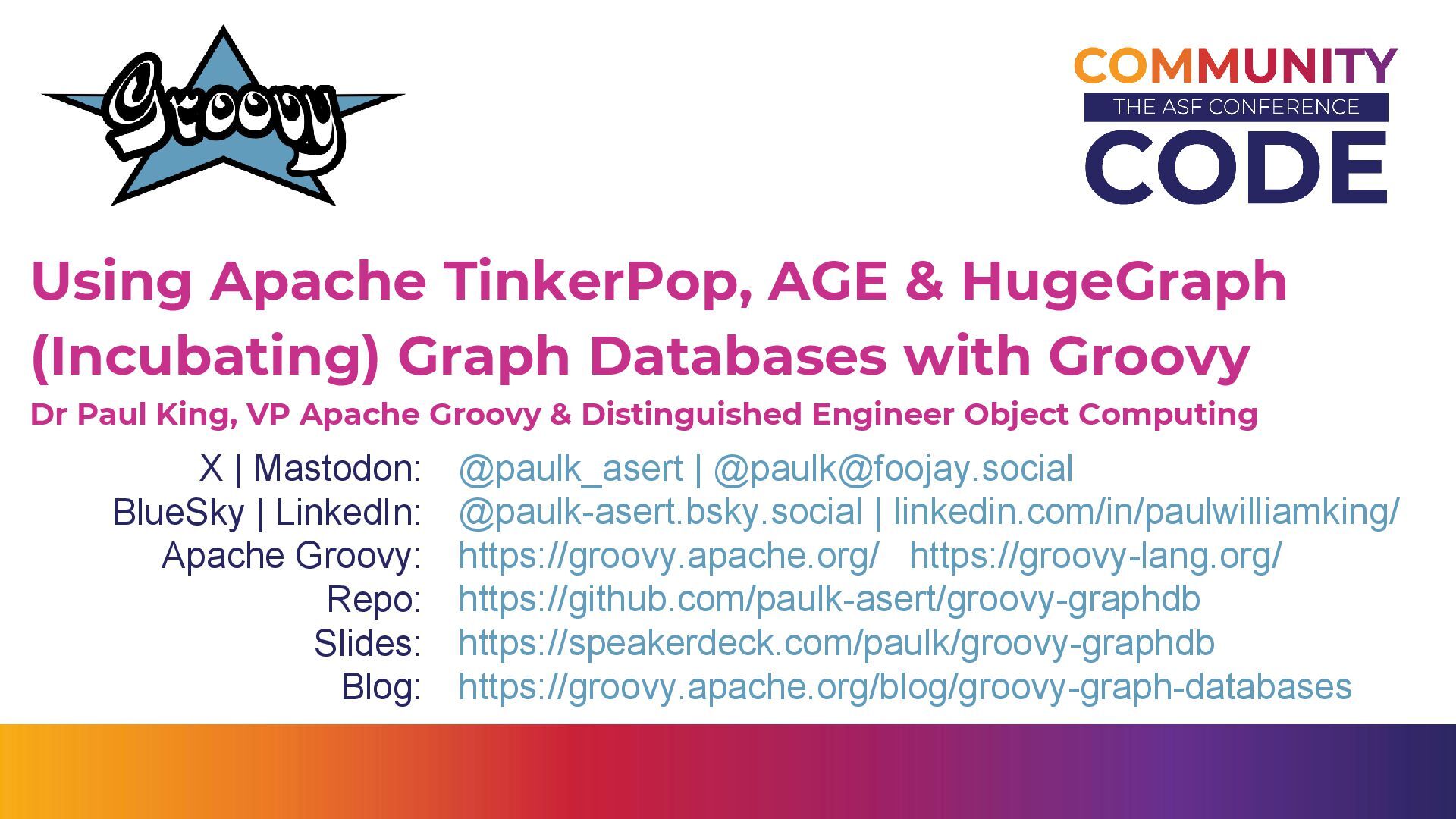 paulk_asert's tweet card. This slidedeck looks at using 7 graph databases and 3 GraphQL libraries using a common case study. The databases covered include: Apache AGE, Apache Hug…