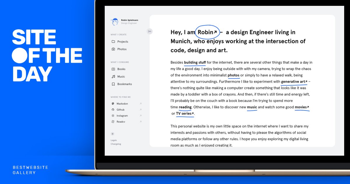 bestwebsite_'s tweet card. I am Robin — Site of the Day: 06. March 2023