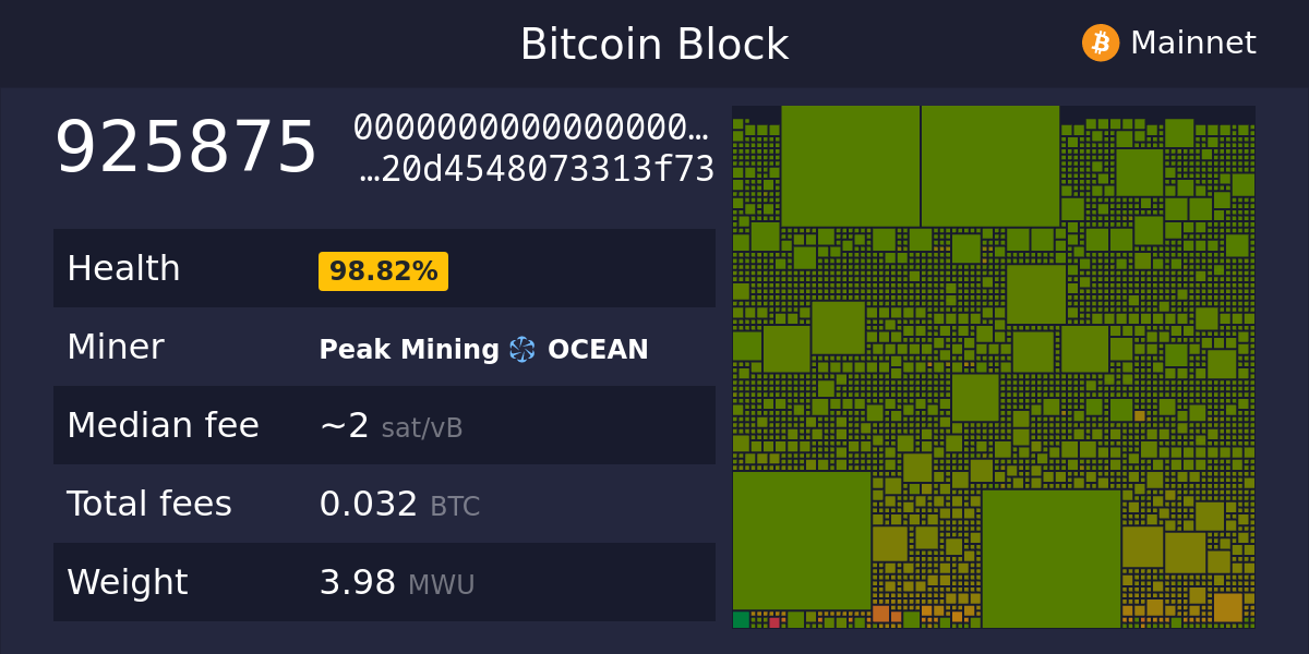 ocean_blocks's tweet card. Explore the full Bitcoin ecosystem with The Mempool Open Source Project®. See the real-time status of your transactions, get network info, and more.