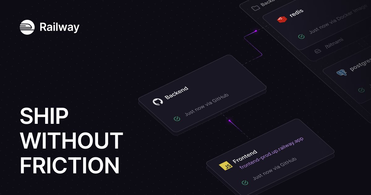 Random_Robbie's tweet card. Railway is an infrastructure platform where you can provision infrastructure, develop with that infrastructure locally, and then deploy to the cloud.
