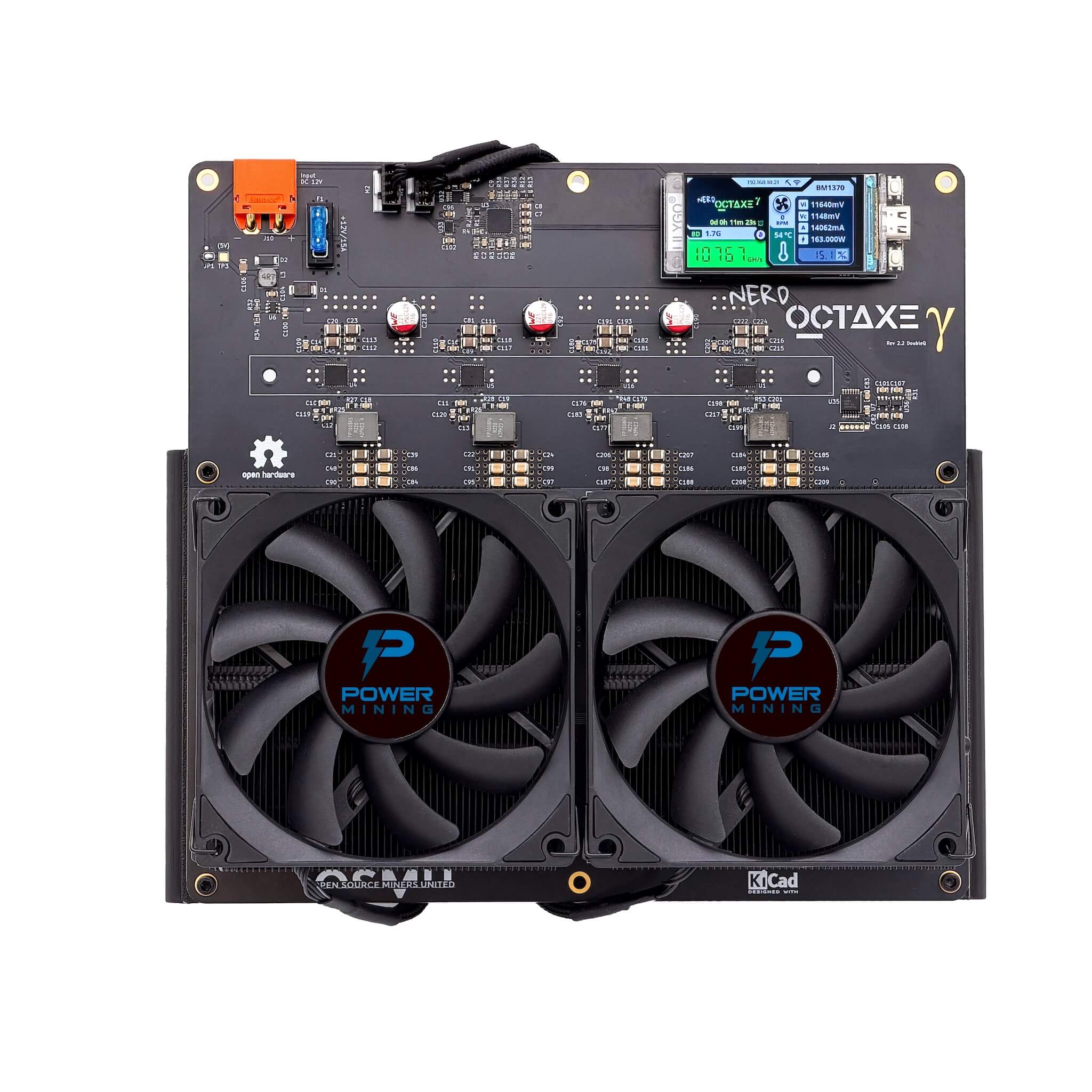 PowerMiningFarm's tweet card. Ultra silent Bitcoin miner with 8x BM1370 chips, 1.9-inch LILYGO color screen. Energy-efficient, Wi-Fi & active cooling for home mining. Order now!