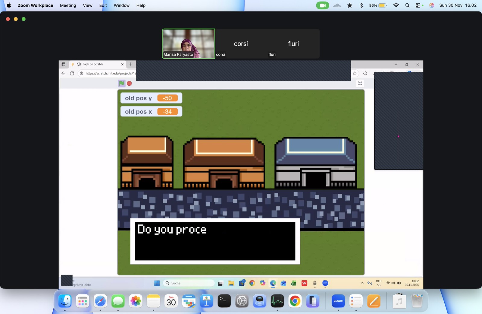 procodecg's tweet card. Our busy Sunday afternoon Indonesia WIB and Sunday morning Switzerland CET ;) Corsin is making lots of progress with his game in Scratch ;) He debugs the game and improve it ;) Flurin starts develo…