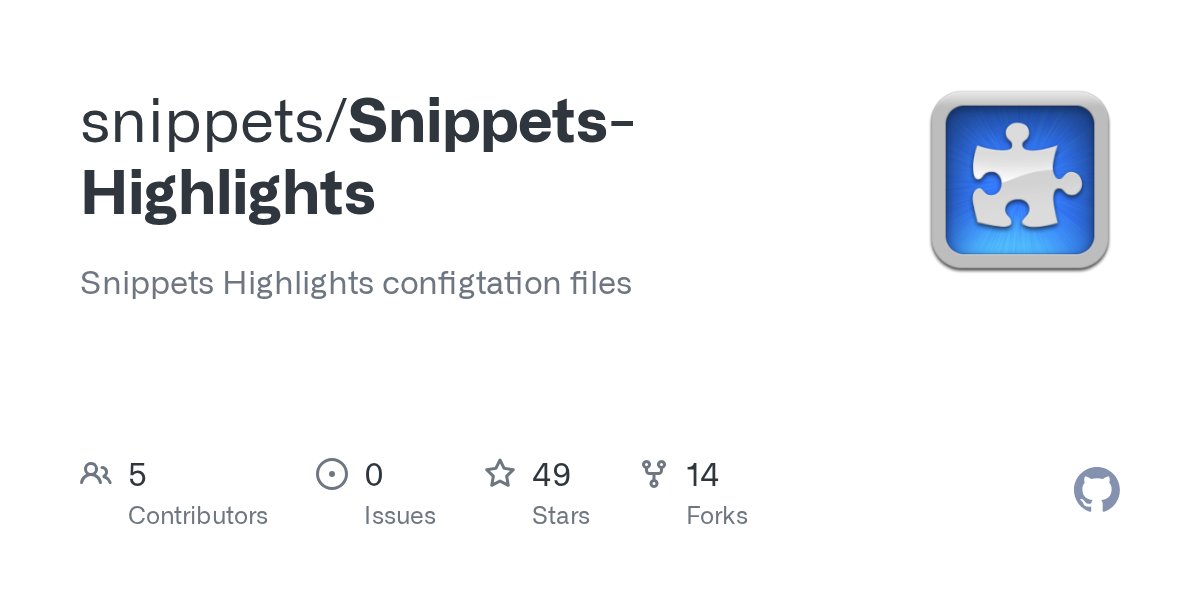 snippetsme's tweet card. Snippets Highlights configtation files. Contribute to snippets/Snippets-Highlights development by creating an account on GitHub.