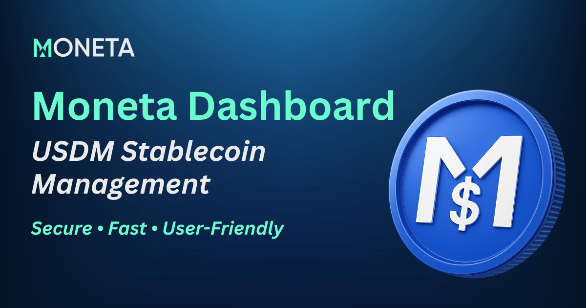USDMOfficial's tweet card. Manage your USDM stablecoin portfolio with Moneta Dashboard. Secure, fast, and user-friendly platform for minting, burning, and tracking your USDM holdings.