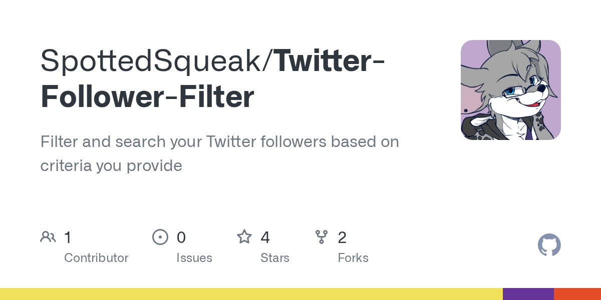 SpottedSqueak's tweet card. Filter and search your Twitter followers based on criteria you provide - SpottedSqueak/Twitter-Follower-Filter