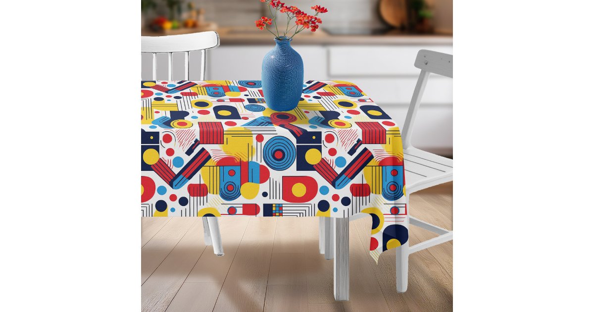 ArrayStores's tweet card. This Memphis-inspired geometric abstract design brings a modern twist to mid-century style with it's playful shapes and bold palette of navy blue, red and yellow on a crisp white background. The...