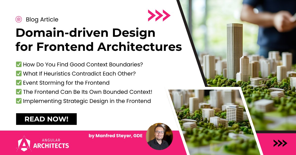 ManfredSteyer's tweet card. Learn how to structure complex Angular apps using Domain-Driven Design (DDD): Bounded Contexts, vertical slices, Nx, Sheriff, & Micro Frontends in practice.