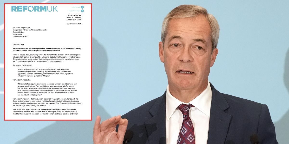 GBNEWS's tweet card. The Reform UK leader sent a 968-word letter to Sir Magnus Laurie demanding an urgent investigation into the Chancellor's pre-Budget claims