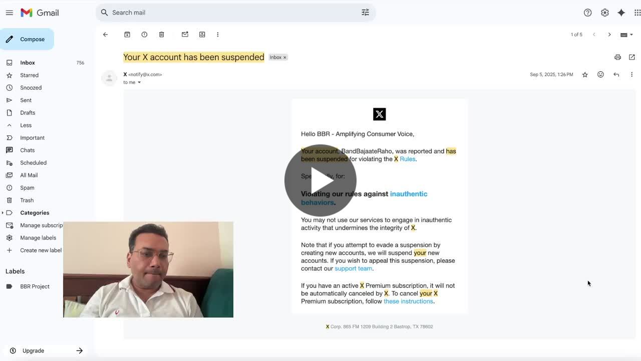 yadysaurabh's tweet card. Your account is suspended. One of the email, which I would never want people to receive. I received this on 5th Sep from Twitter now X. 600K+ posts, 34k+ followers, 100ks of hours We built a commun...