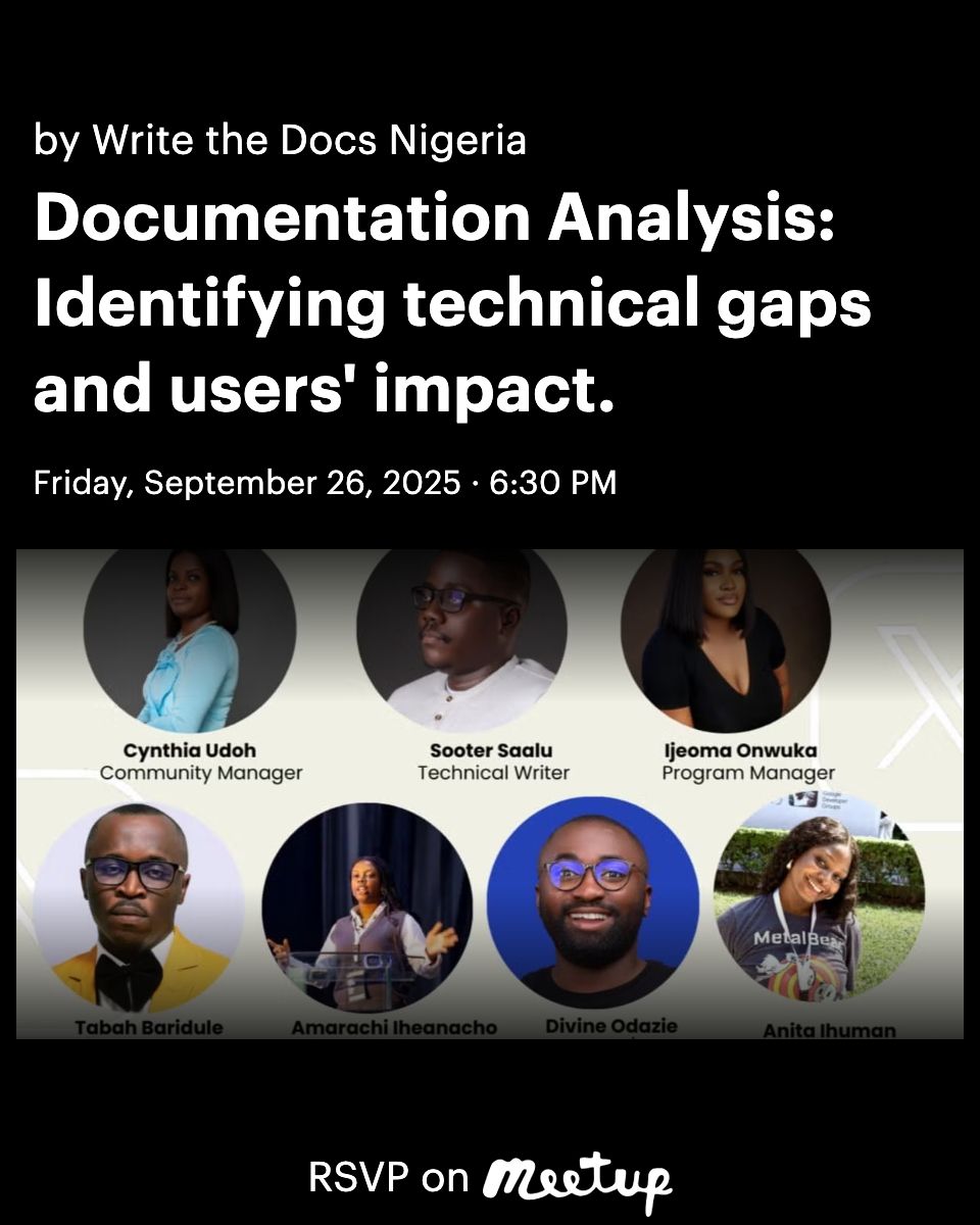 DuleMartins's tweet card. Meet the community and learn. Techniques for spotting incomplete, outdated, or confusing documentation. How to measure and evaluate documentation from a user’s perspective. Frameworks, checklists,...