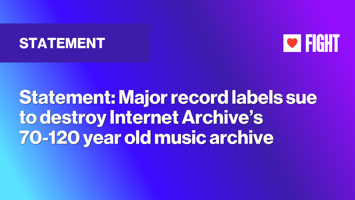 fightfortheftr's tweet card. The same law firm that sued Internet Archive to end all libraries’ ownership and preservation of digital books is behind a new effort to shut down its collection of 78 RPM records. The following...