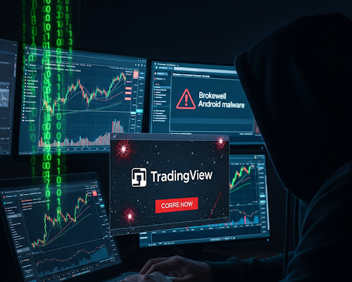 sorkxx's tweet card. Malware Brokewell infecta Android con anuncios falsos de TradingView y roba datos de criptomonedas y cuentas bancarias.