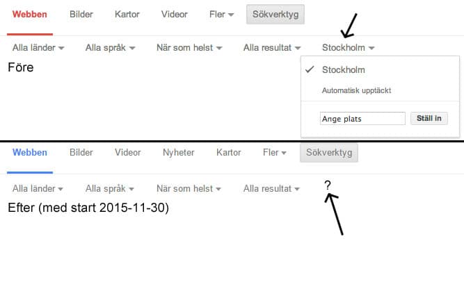 ModifinderAB's tweet card. Sedan igår (2015-11-30) har Google gjort en modifiering i sin sökmotor som tvingar din enhet att vara inställd på den plats du befinner dig på vi sökningens