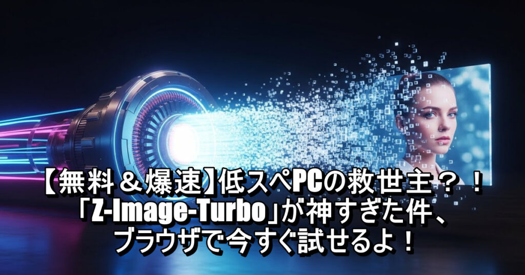 eiji04875825's tweet card. 低スペックPCでも爆速で高品質なAI画像が作れる「Z-Image-Turbo」を徹底解説。最新技術S3-DiTにより、わずか8ステップでリアルな写真を生成可能です。ブラウザで無料で試せる方法や、競合モデルとの比較も紹介。画像生成AIの「重い・遅い」を解決します。