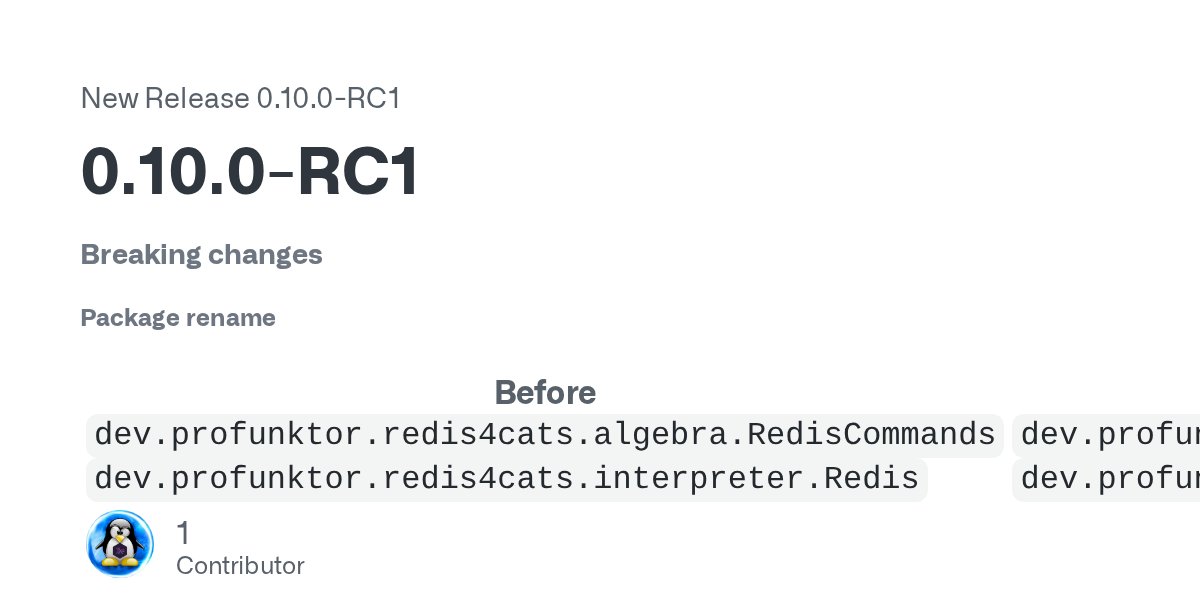 volpegabriel87's tweet card. Breaking changes Package rename Before Now dev.profunktor.redis4cats.algebra.RedisCommands dev.profunktor.redis4cats.RedisCommands dev.profunktor.redis4cats.interpreter.Redis dev.profunkto...
