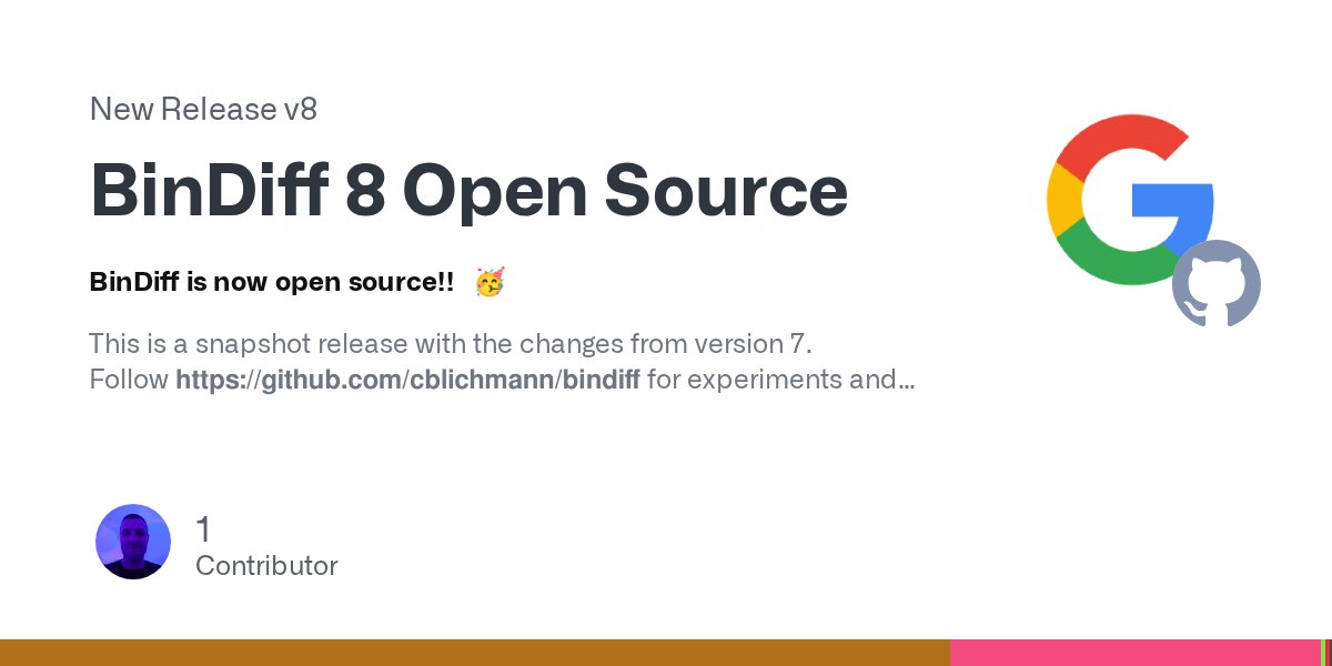 onhexgroup's tweet card. BinDiff is now open source!! 🥳 This is a snapshot release with the changes from version 7. Follow https://github.com/cblichmann/bindiff for experiments and changes that may be merged into main...
